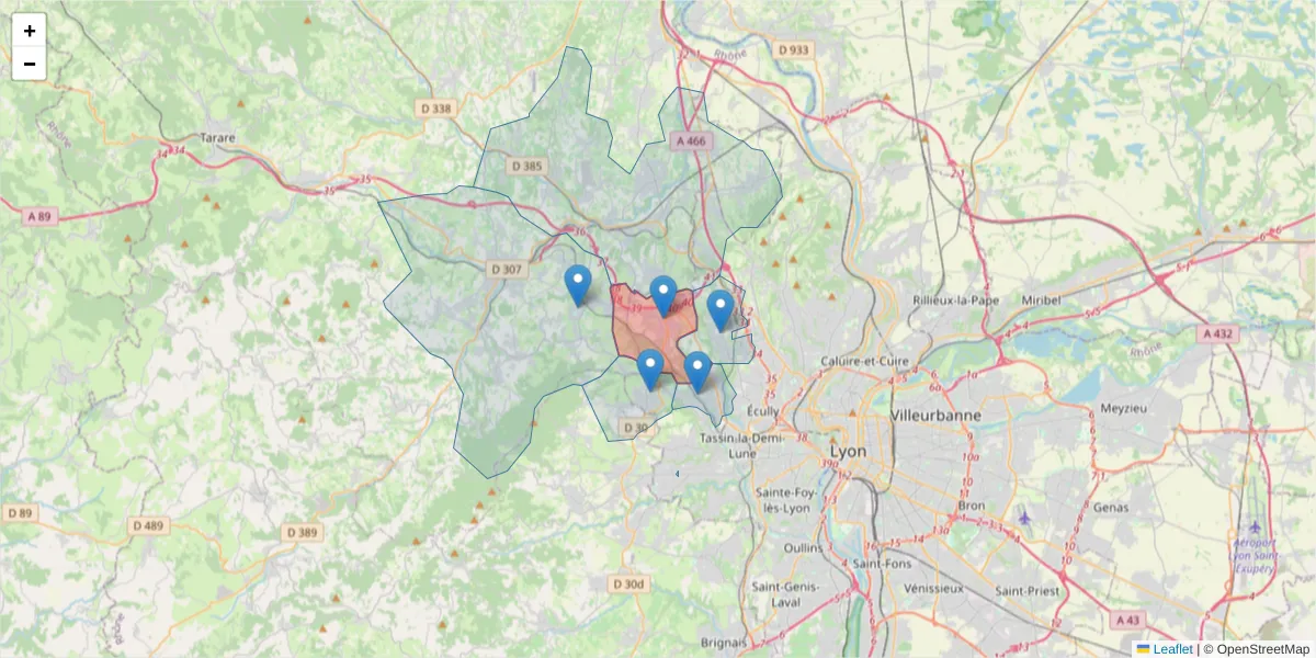 Carte de la zone du code postal  et des codes postaux voisins en France