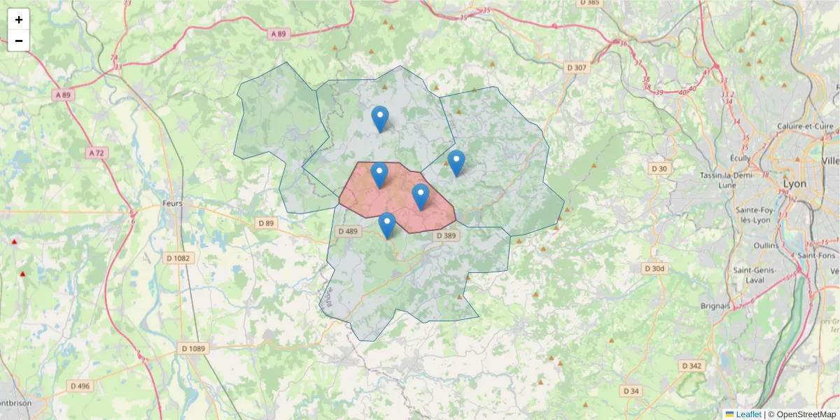 Carte de la zone du code postal  et des codes postaux voisins en France