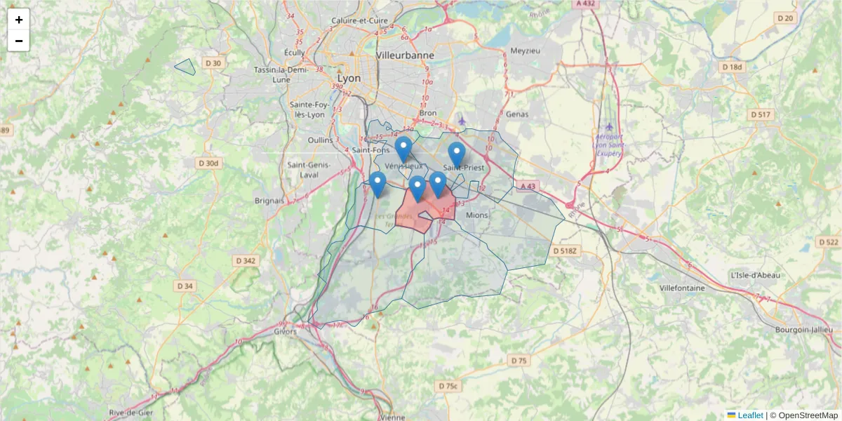 Carte de la zone du code postal  et des codes postaux voisins en France