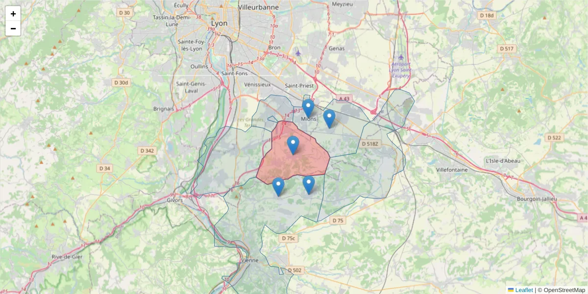 Carte de la zone du code postal  et des codes postaux voisins en France