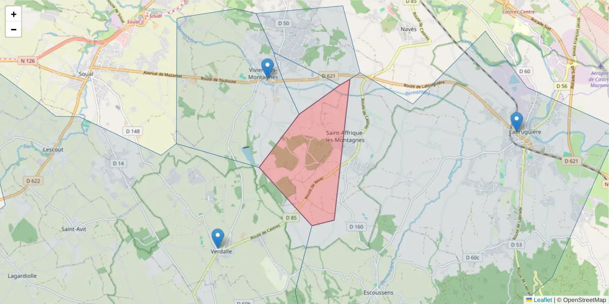 Carte de la zone du code postal  et des codes postaux voisins en France