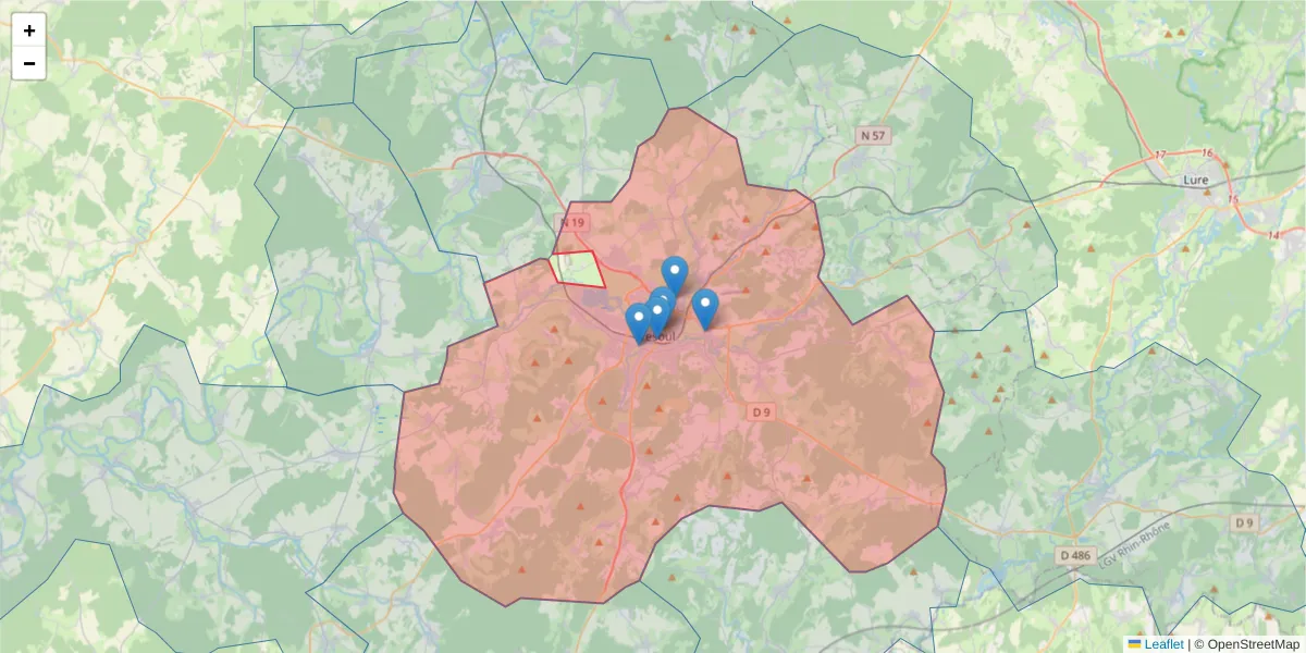 Carte de la zone du code postal  et des codes postaux voisins en France