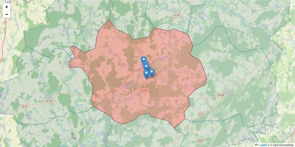 Carte de la zone du code postal  et des codes postaux voisins en France