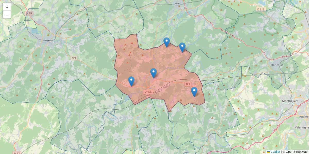 Carte de la zone du code postal  et des codes postaux voisins en France