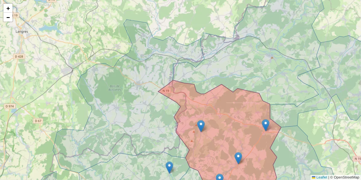 Carte de la zone du code postal  et des codes postaux voisins en France