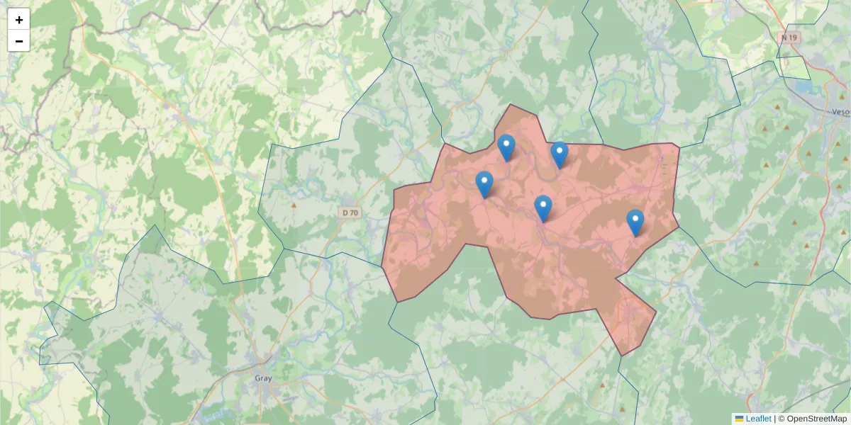 Carte de la zone du code postal  et des codes postaux voisins en France
