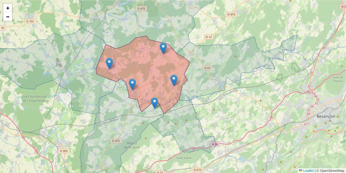 Carte de la zone du code postal  et des codes postaux voisins en France