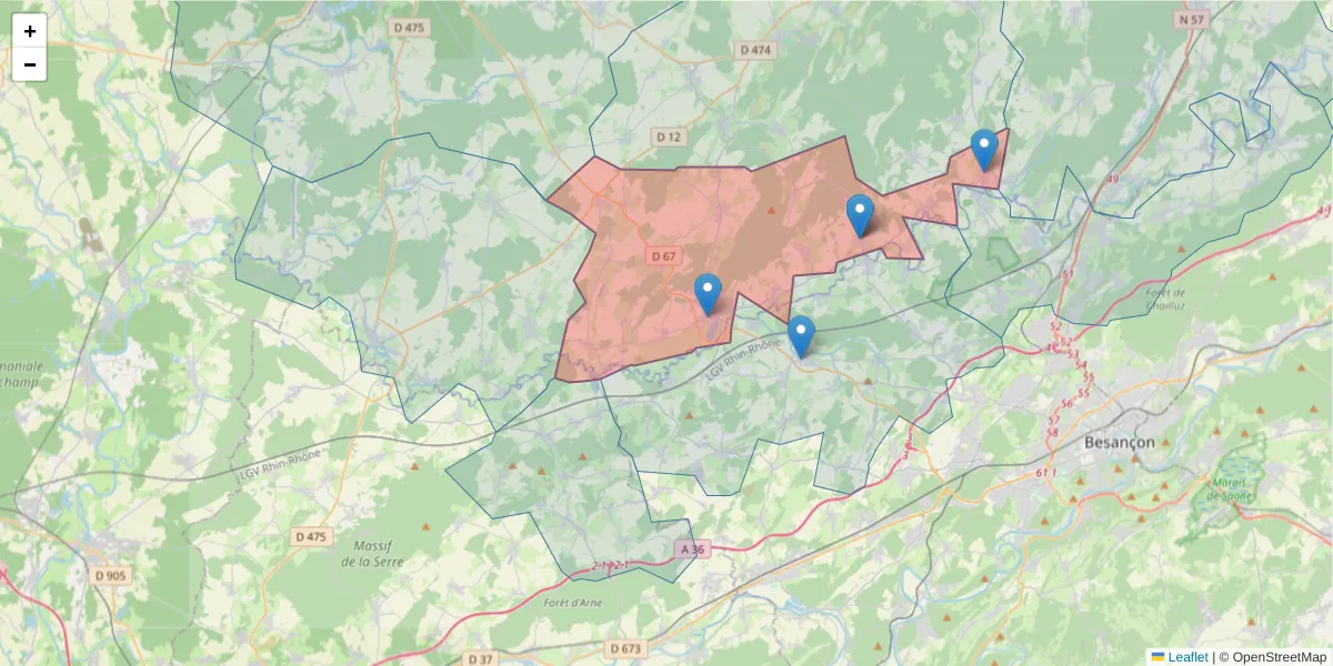 Carte de la zone du code postal  et des codes postaux voisins en France