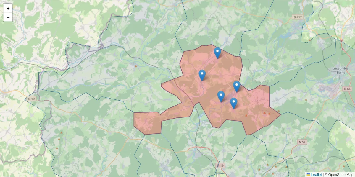 Carte de la zone du code postal  et des codes postaux voisins en France