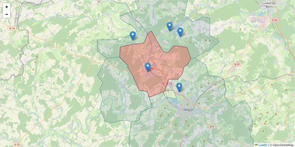 Carte de la zone du code postal  et des codes postaux voisins en France