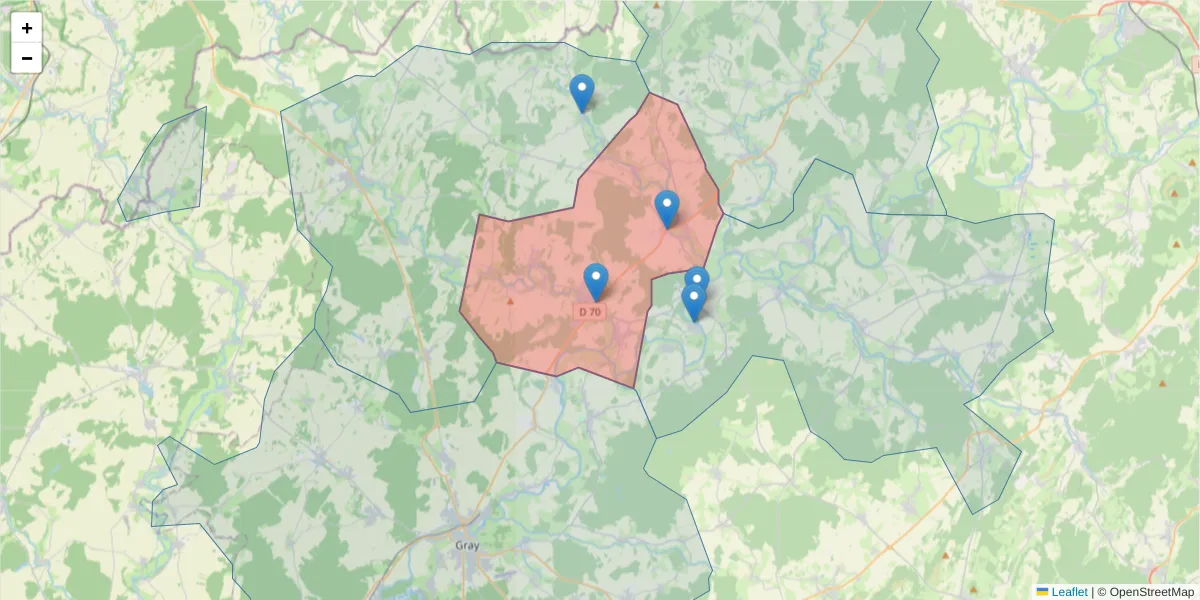 Carte de la zone du code postal  et des codes postaux voisins en France