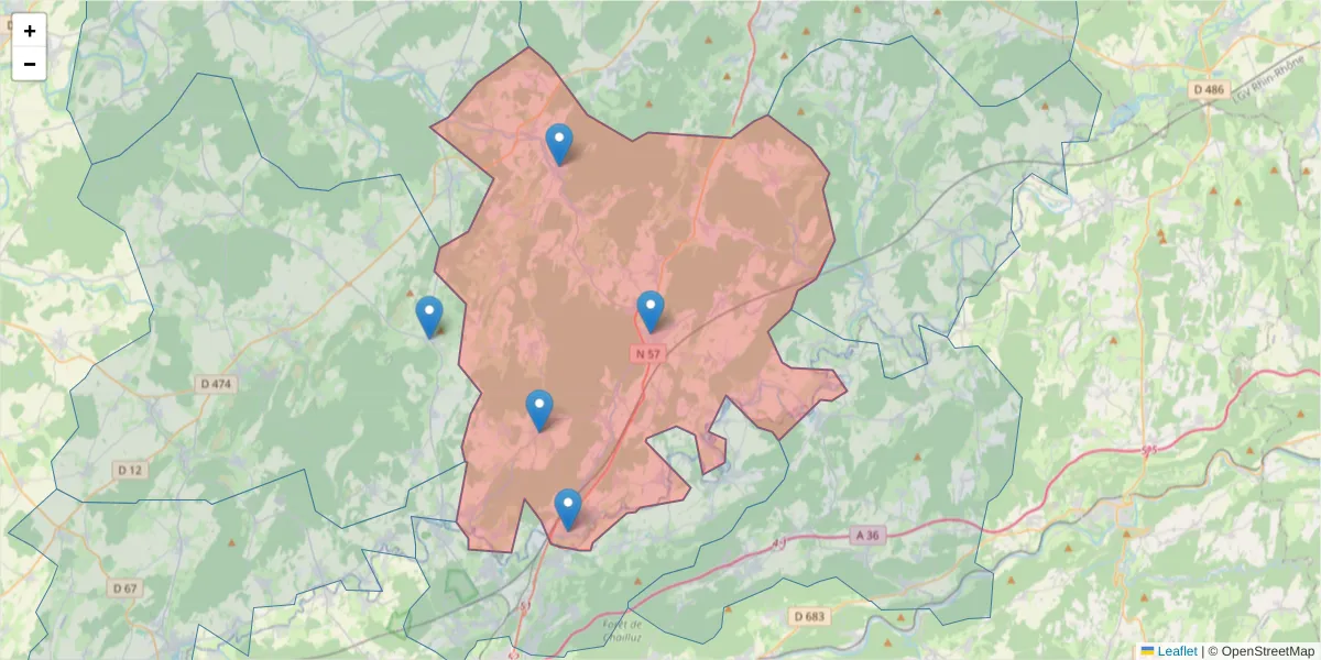 Carte de la zone du code postal  et des codes postaux voisins en France