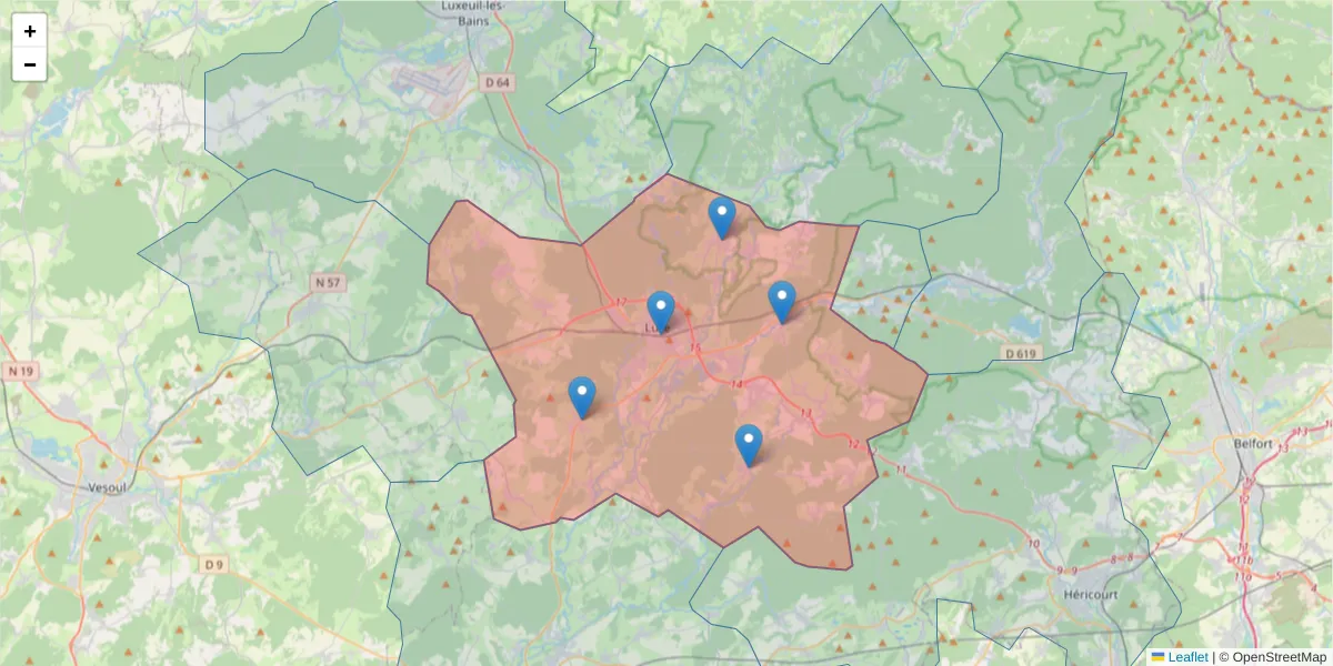 Carte de la zone du code postal  et des codes postaux voisins en France
