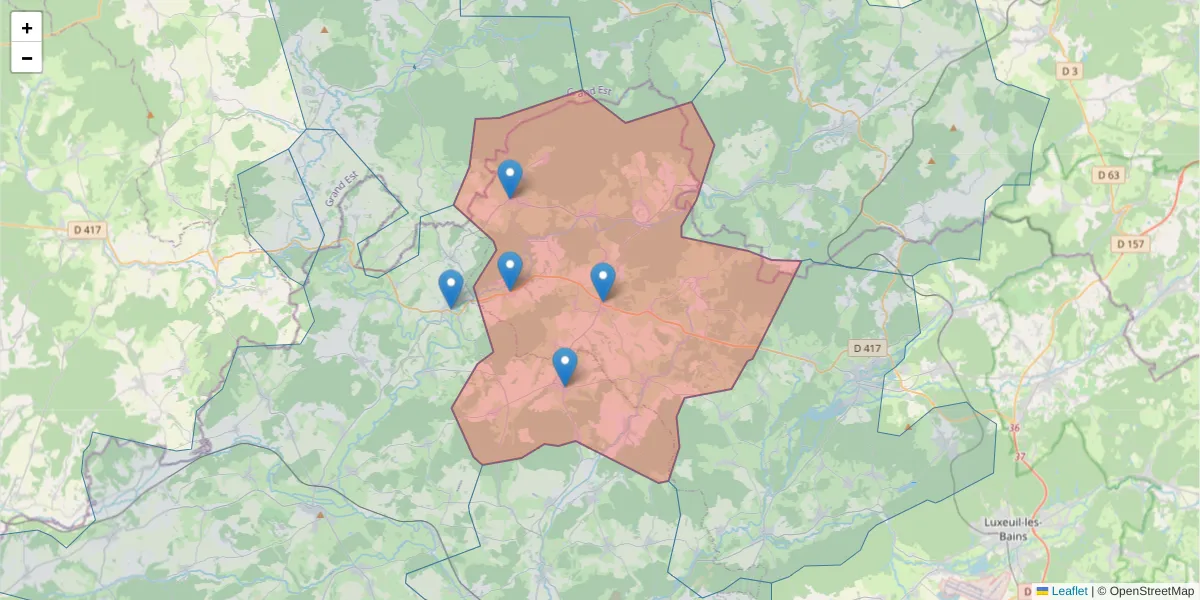 Carte de la zone du code postal  et des codes postaux voisins en France