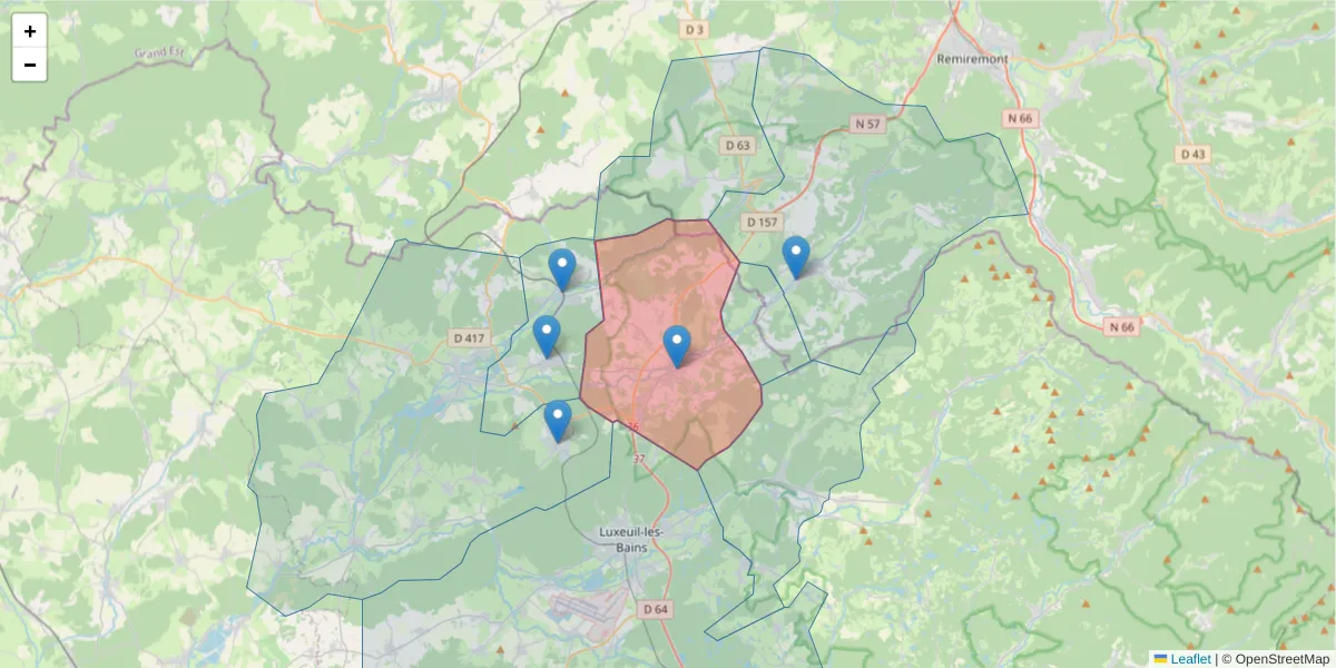 Carte de la zone du code postal  et des codes postaux voisins en France