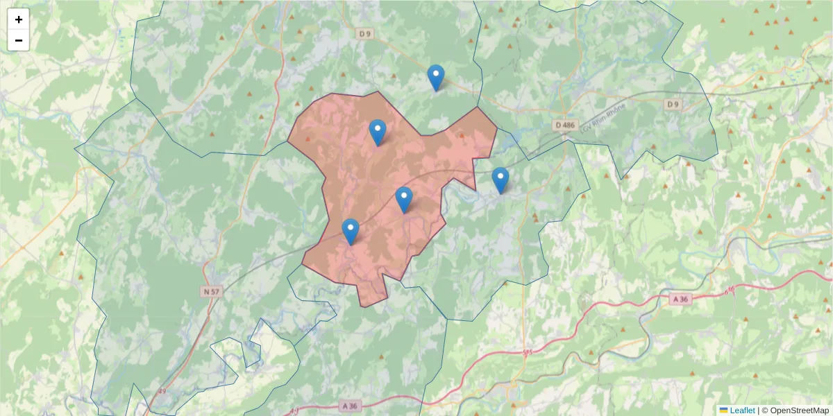 Carte de la zone du code postal  et des codes postaux voisins en France