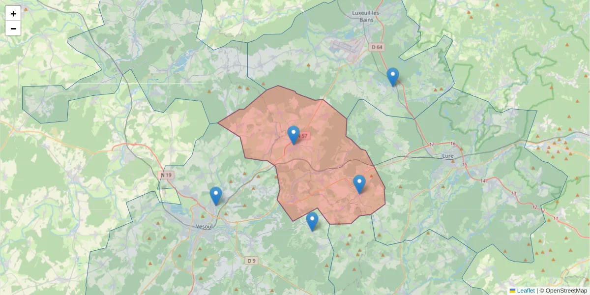 Carte de la zone du code postal  et des codes postaux voisins en France