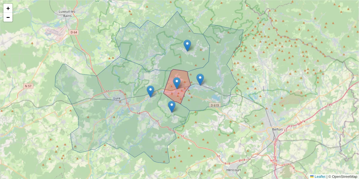 Carte de la zone du code postal  et des codes postaux voisins en France