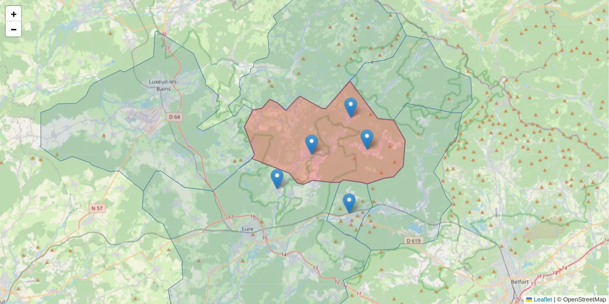 Carte de la zone du code postal  et des codes postaux voisins en France