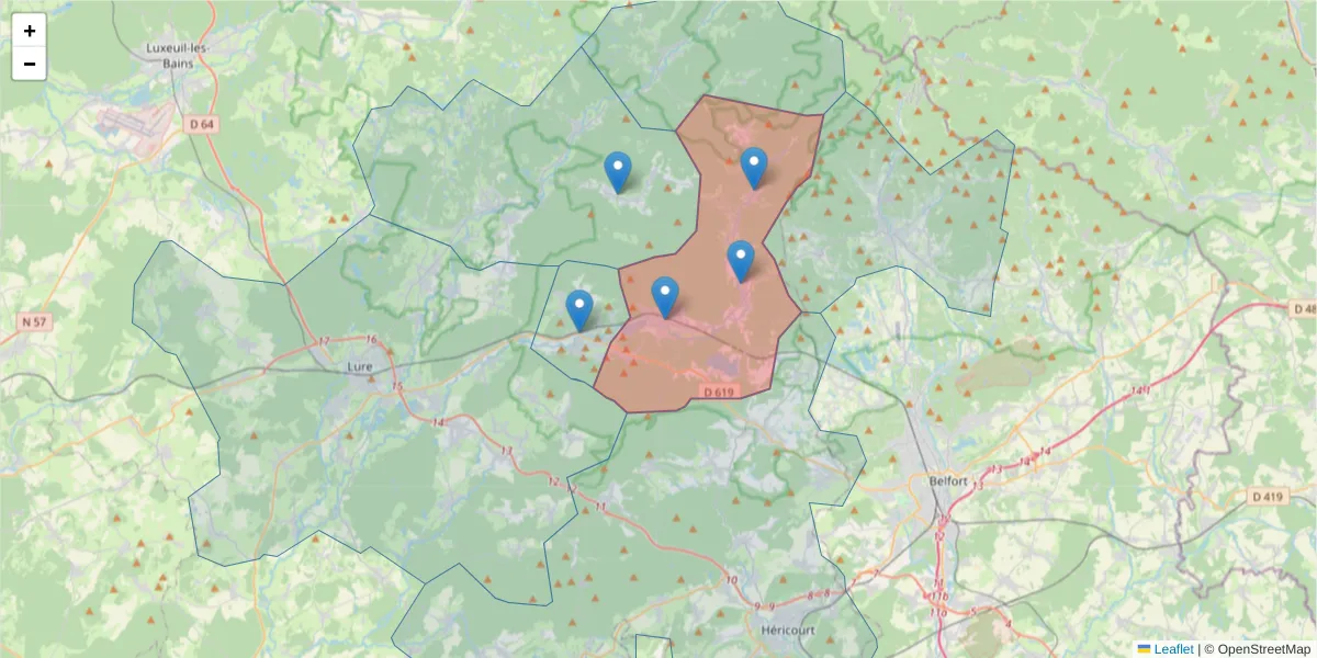Carte de la zone du code postal  et des codes postaux voisins en France