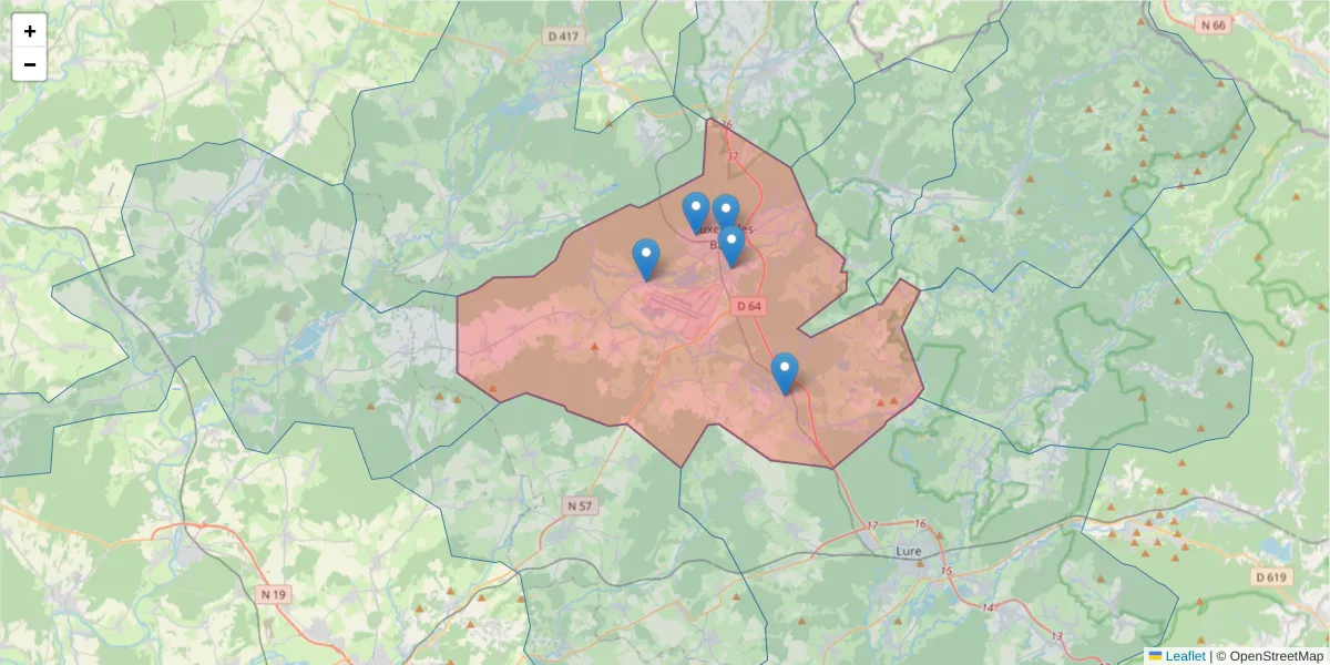Carte de la zone du code postal  et des codes postaux voisins en France