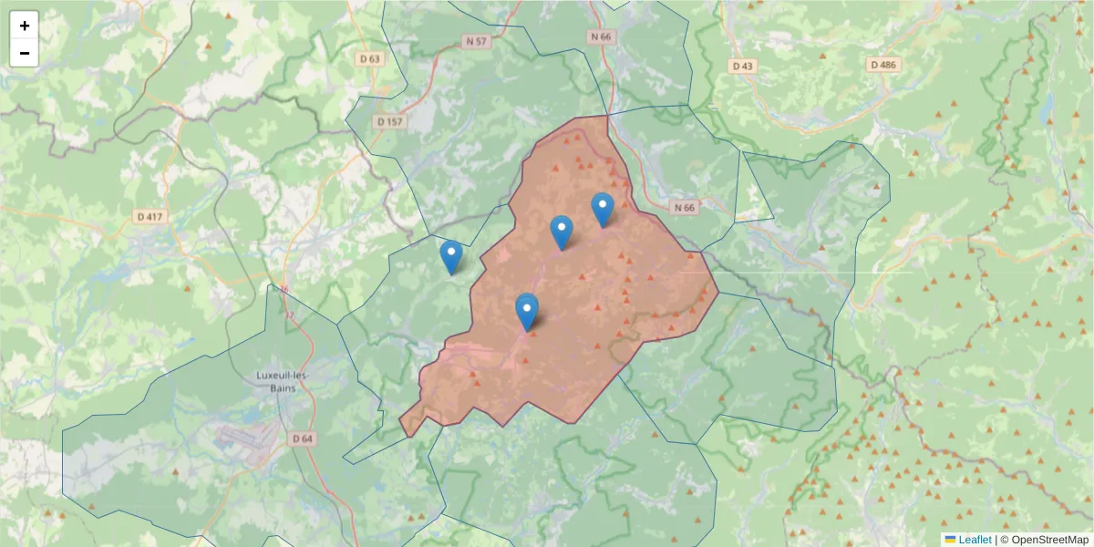 Carte de la zone du code postal  et des codes postaux voisins en France