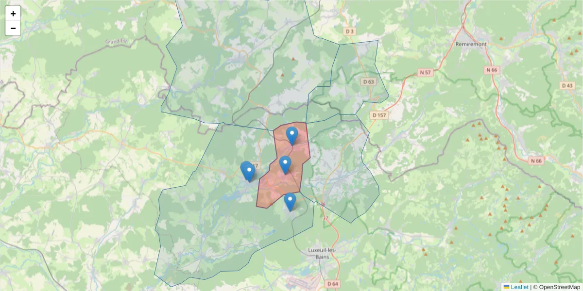 Carte de la zone du code postal  et des codes postaux voisins en France