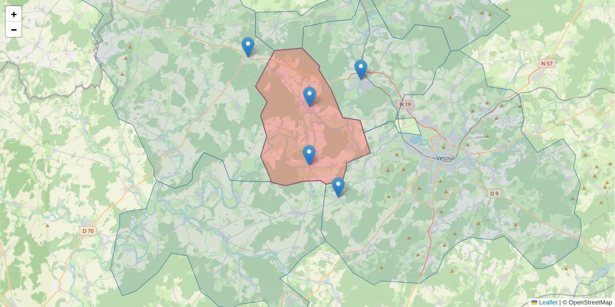Carte de la zone du code postal  et des codes postaux voisins en France