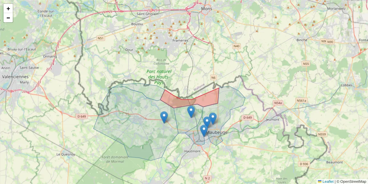 Carte de la zone du code postal  et des codes postaux voisins en France