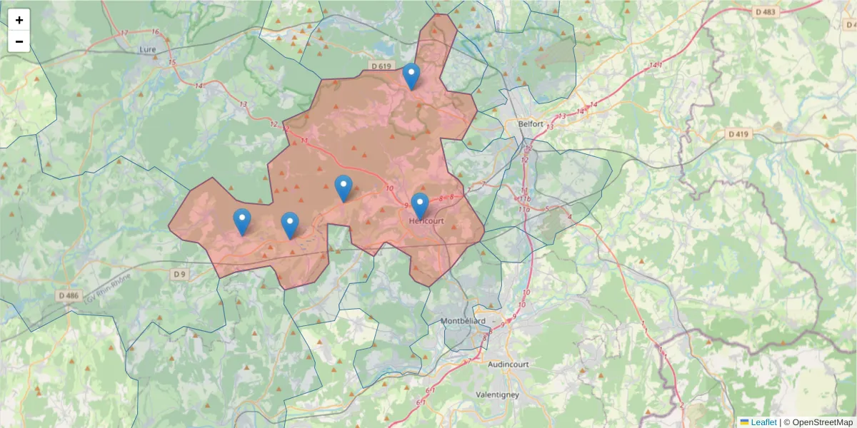 Carte de la zone du code postal  et des codes postaux voisins en France
