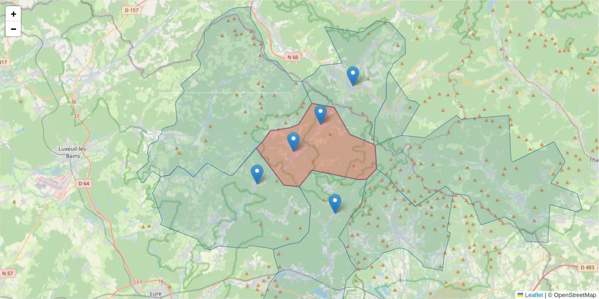 Carte de la zone du code postal  et des codes postaux voisins en France