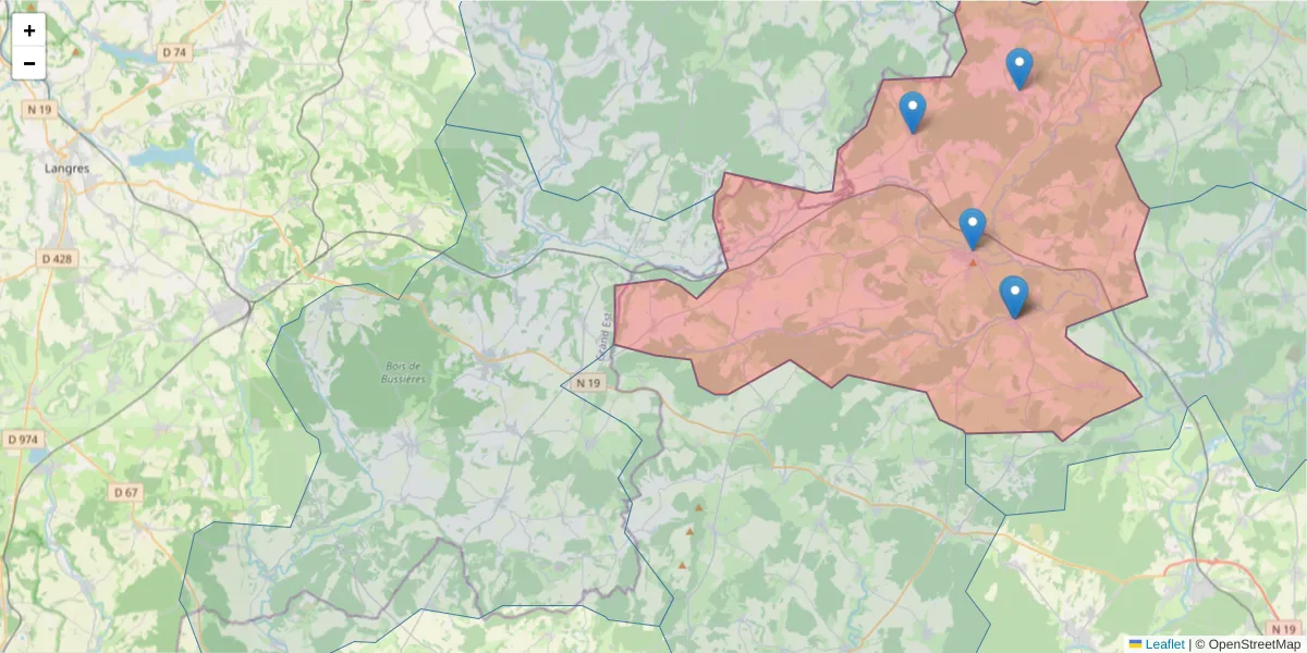Carte de la zone du code postal  et des codes postaux voisins en France