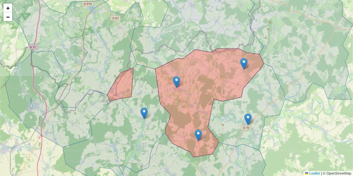 Carte de la zone du code postal  et des codes postaux voisins en France