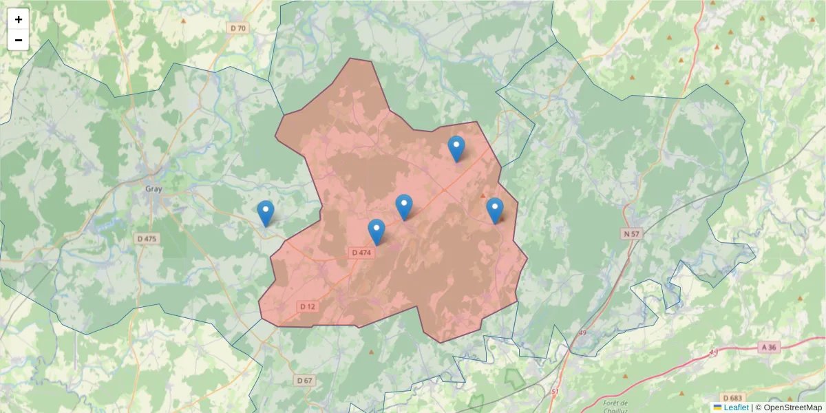 Carte de la zone du code postal  et des codes postaux voisins en France