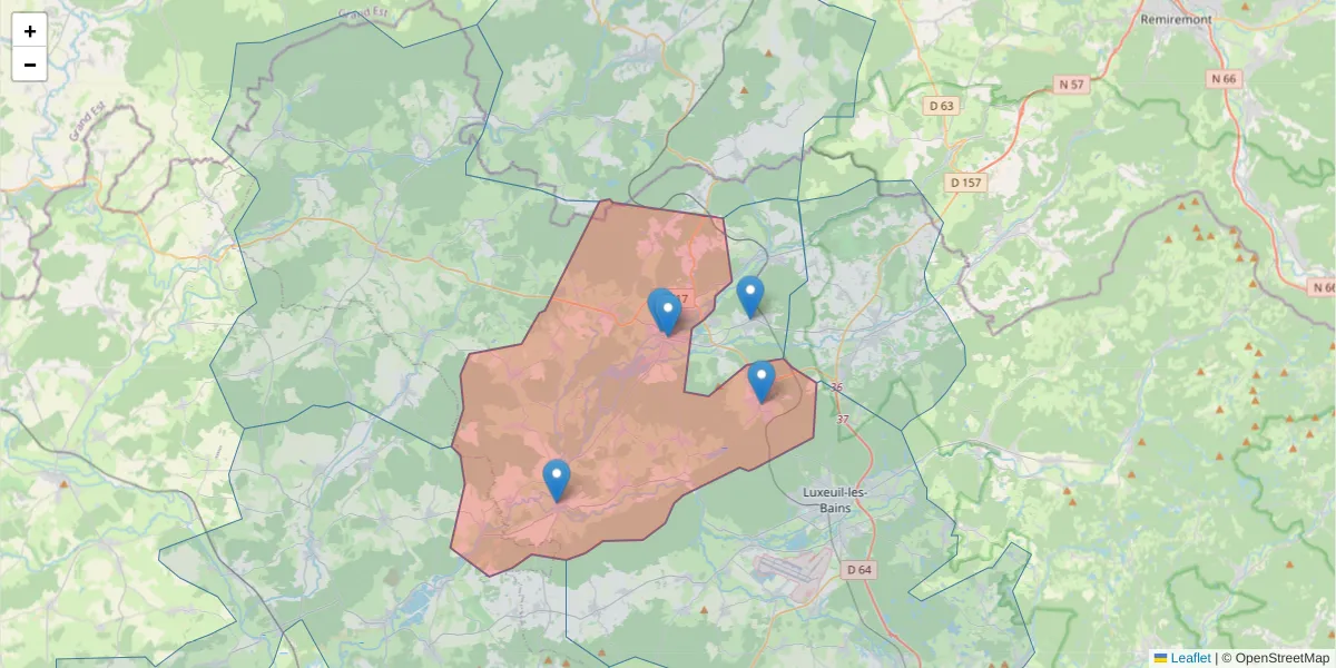 Carte de la zone du code postal  et des codes postaux voisins en France