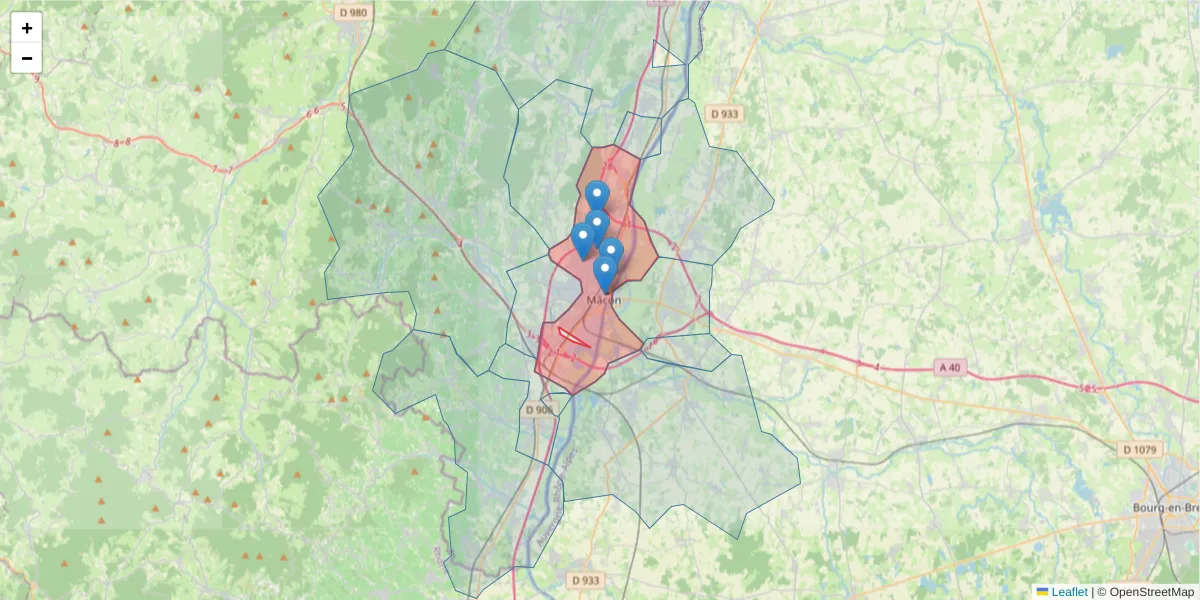Carte de la zone du code postal  et des codes postaux voisins en France