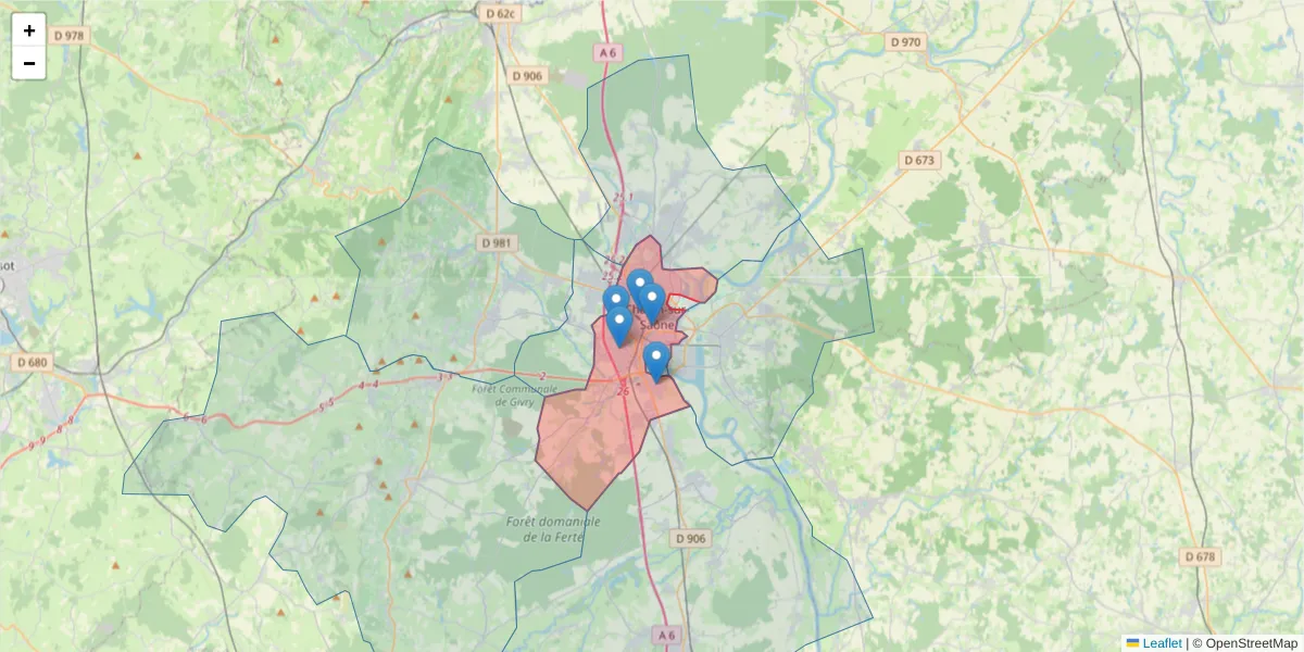 Carte de la zone du code postal  et des codes postaux voisins en France