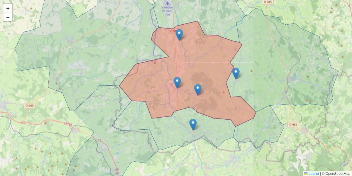Carte de la zone du code postal  et des codes postaux voisins en France