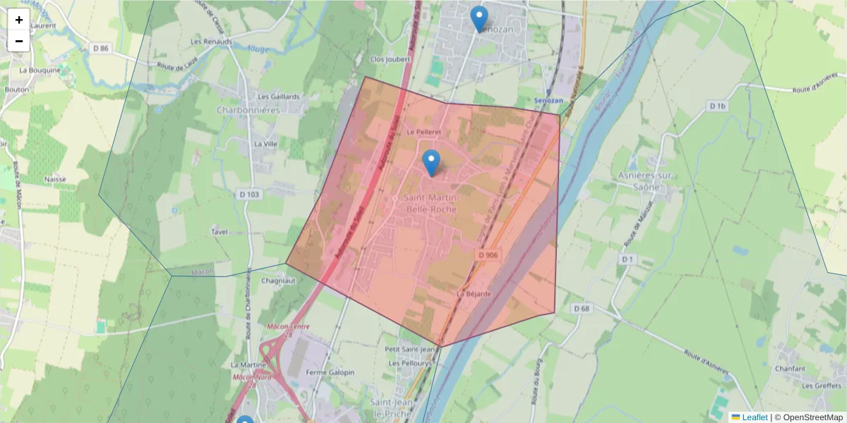 Carte de la zone du code postal  et des codes postaux voisins en France
