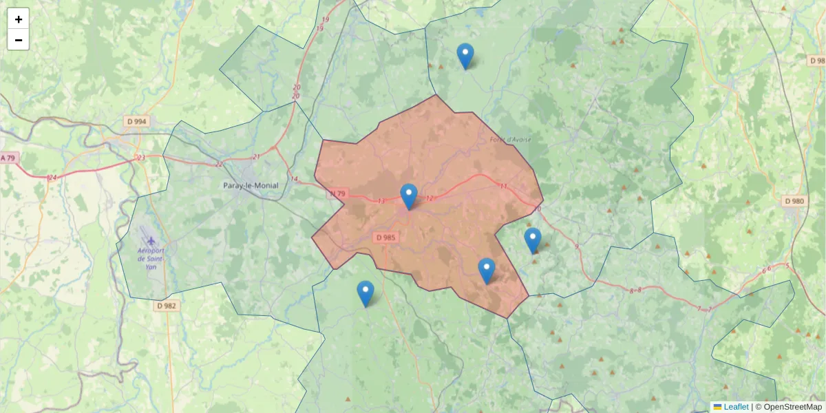 Carte de la zone du code postal  et des codes postaux voisins en France