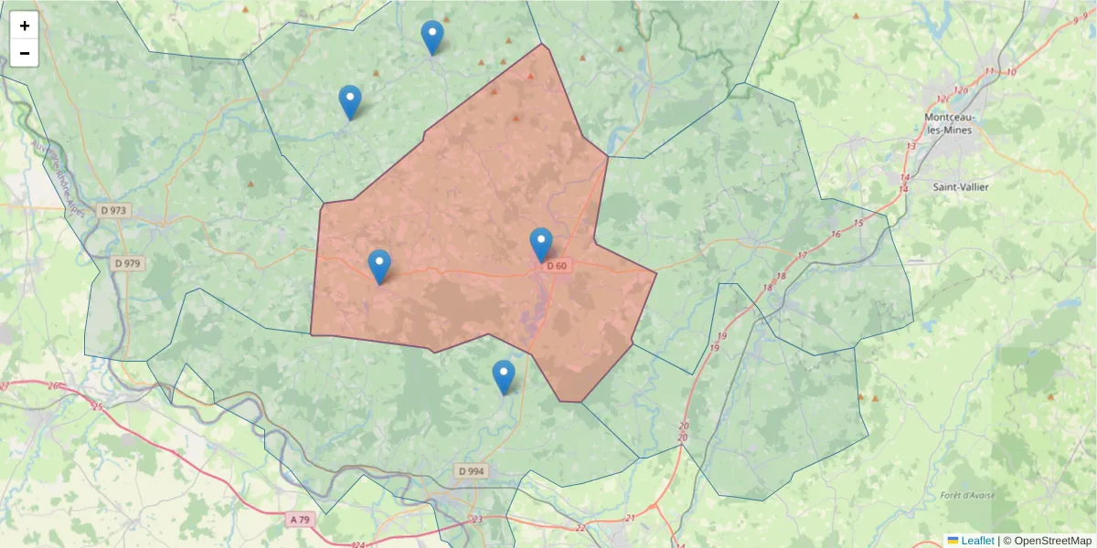 Carte de la zone du code postal  et des codes postaux voisins en France