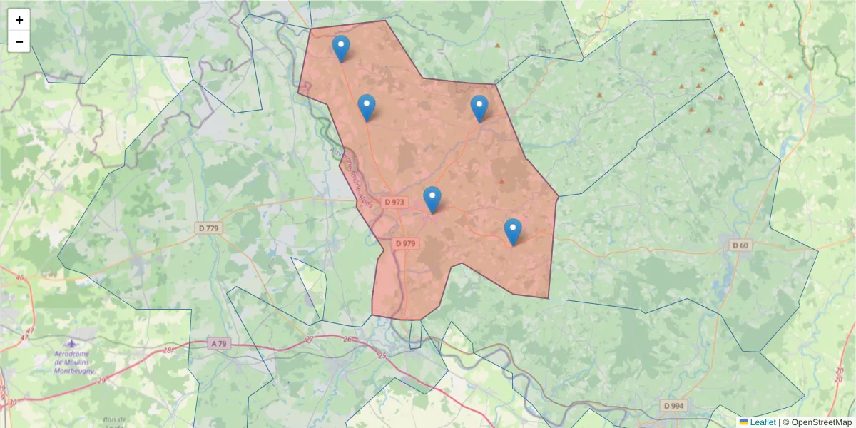 Carte de la zone du code postal  et des codes postaux voisins en France