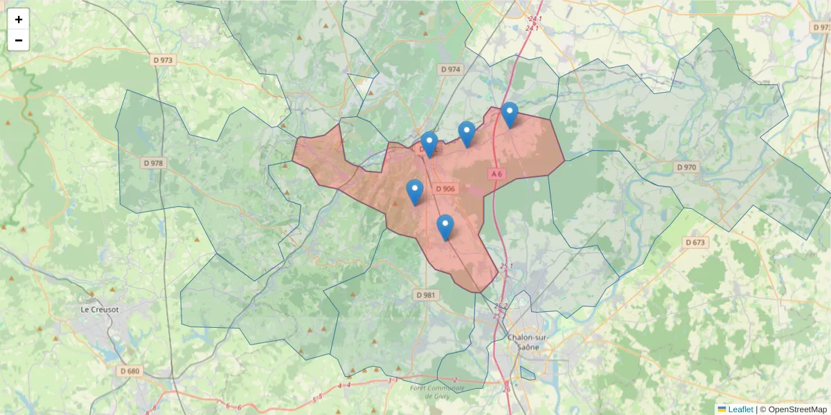 Carte de la zone du code postal  et des codes postaux voisins en France