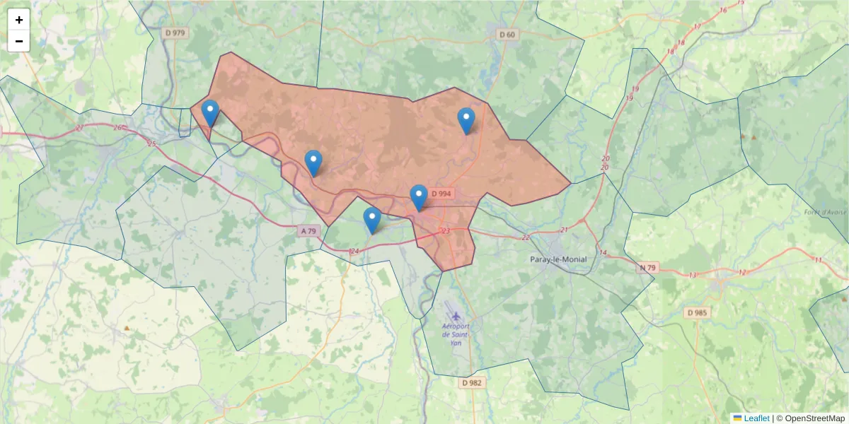 Carte de la zone du code postal  et des codes postaux voisins en France
