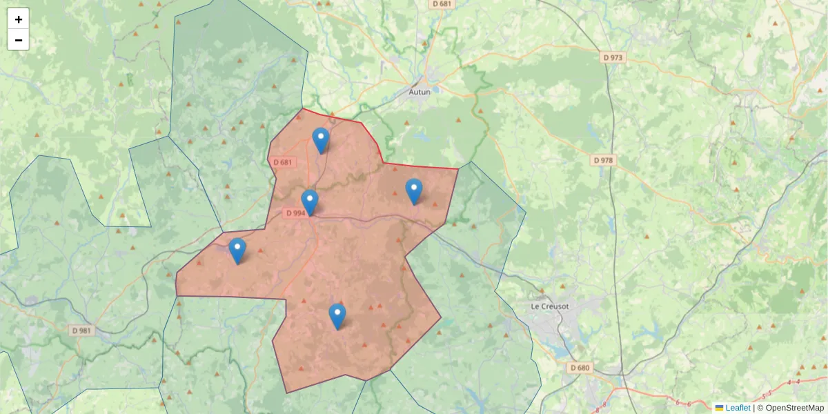 Carte de la zone du code postal  et des codes postaux voisins en France