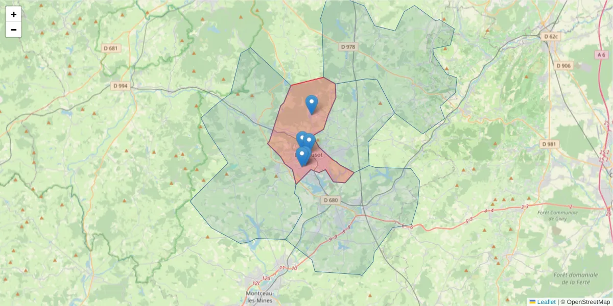 Carte de la zone du code postal  et des codes postaux voisins en France