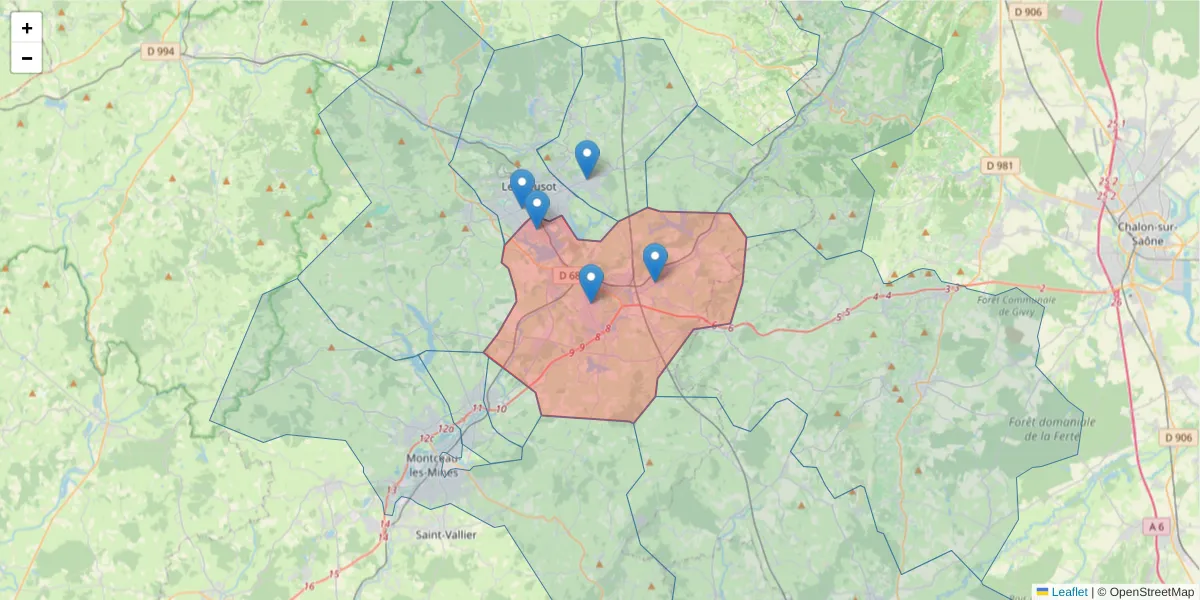 Carte de la zone du code postal  et des codes postaux voisins en France