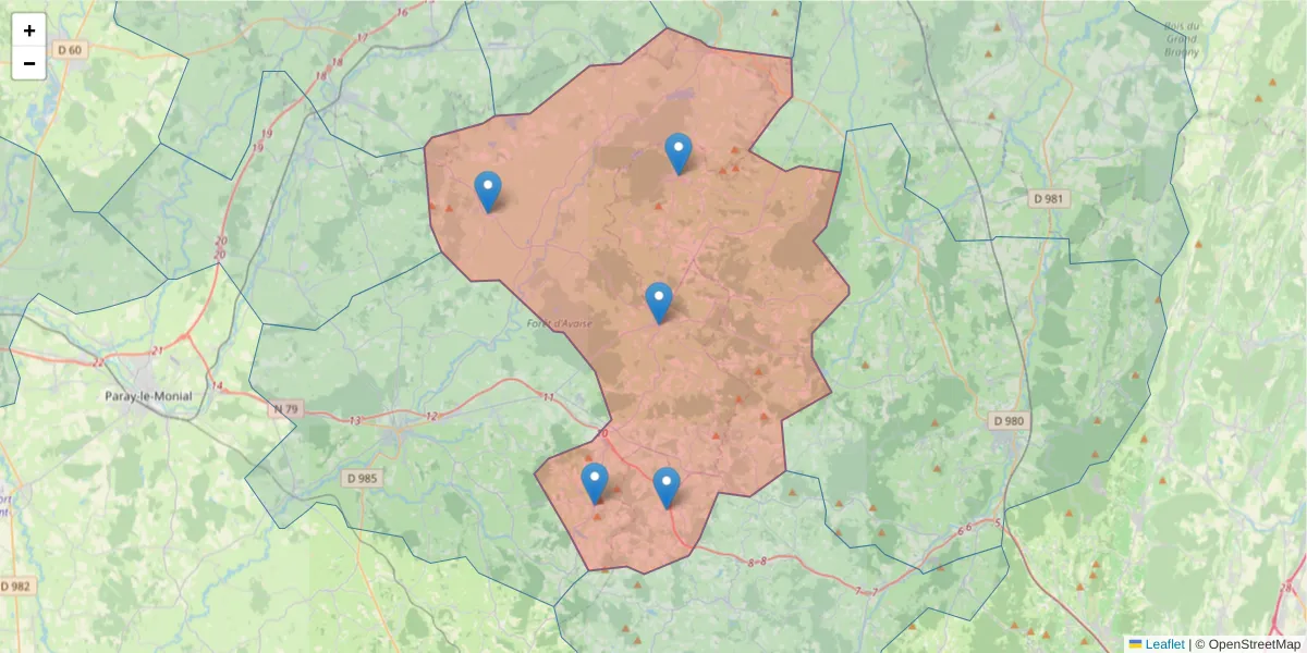 Carte de la zone du code postal  et des codes postaux voisins en France