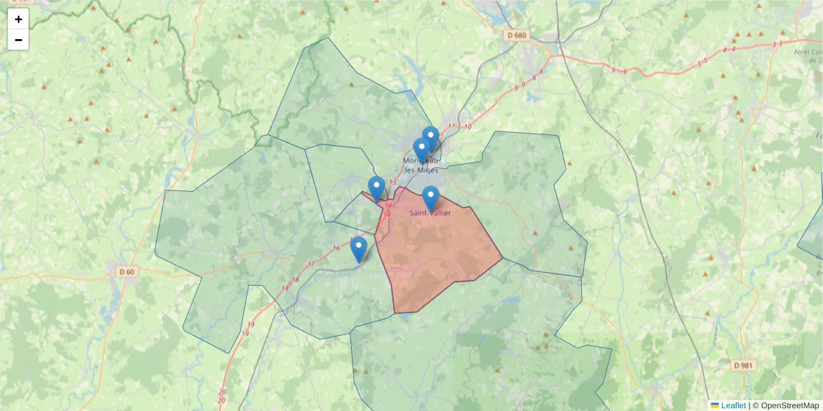 Carte de la zone du code postal  et des codes postaux voisins en France