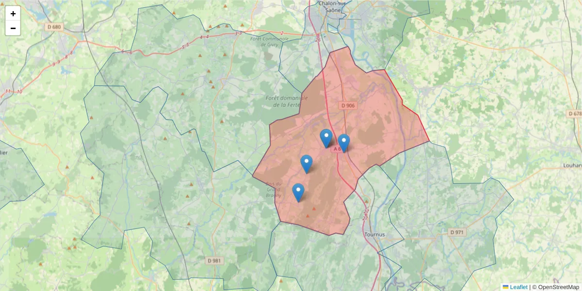 Carte de la zone du code postal  et des codes postaux voisins en France